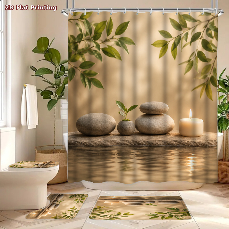 4pcs Relaxing Spa Stones Shower Curtain Set with Bath Mat