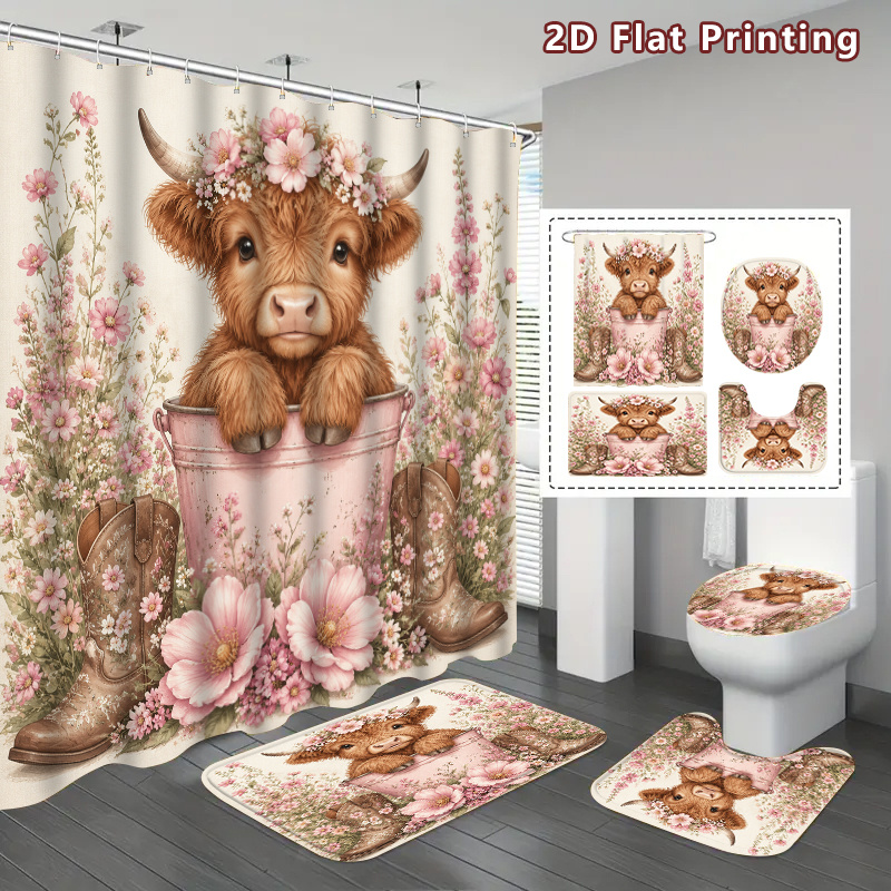 TEMU 2d Flat, 4pcs Scottish Highland Cow Bathroom Decor Shower Curtain Set With Bath Mat, U-shaped Mat & Toilet Lid Cover - Pink Cow In Bucket &