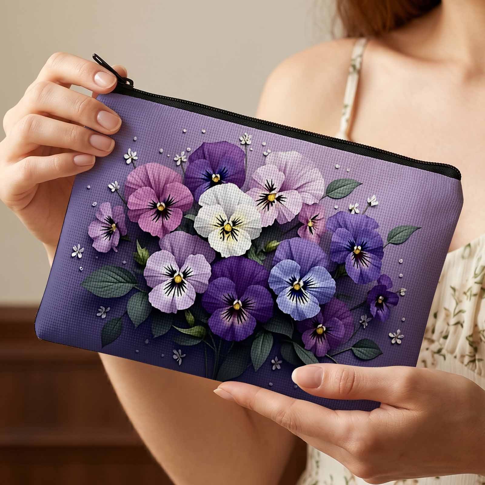 TEMU 2d Flat Printing Makeup Bag, Elegant Purple Pansy For And Beauty Storage
