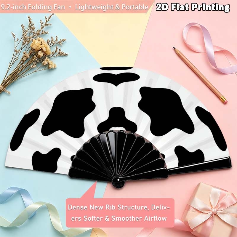 TEMU 2d Flat - (2d) 1pc, 7-inch Women's Handheld Fan With Easy Cow Print, Modern Holiday Folding Fan, Suitable For Daily, Outdoor, Office Scenes -
