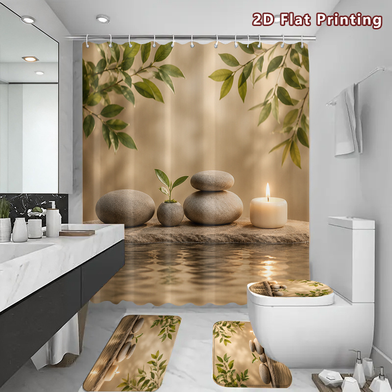4pcs Relaxing Spa Stones Shower Curtain Set with Bath Mat