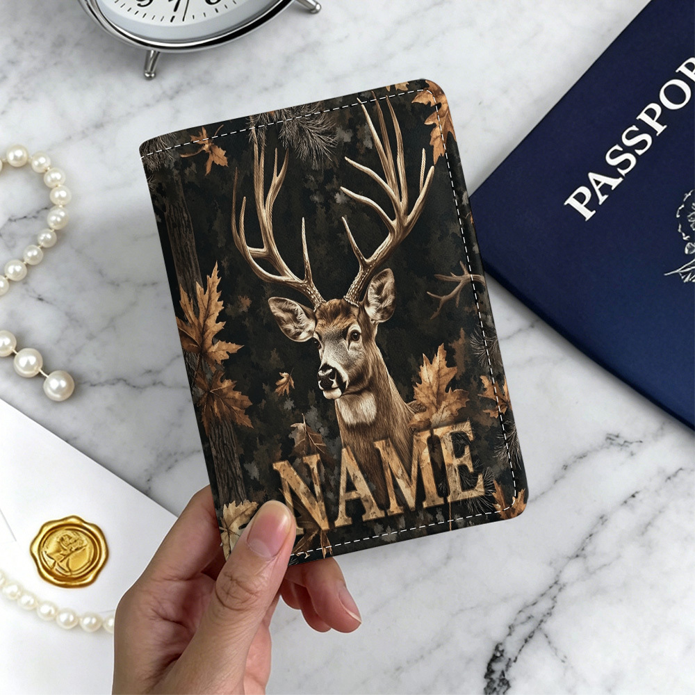 TEMU Customized Deer Hunting 2d Flat Design Passport Holder Passport Cover, Custom Name/text Passport Holder With Card Holder Card Slots, Fashionable
