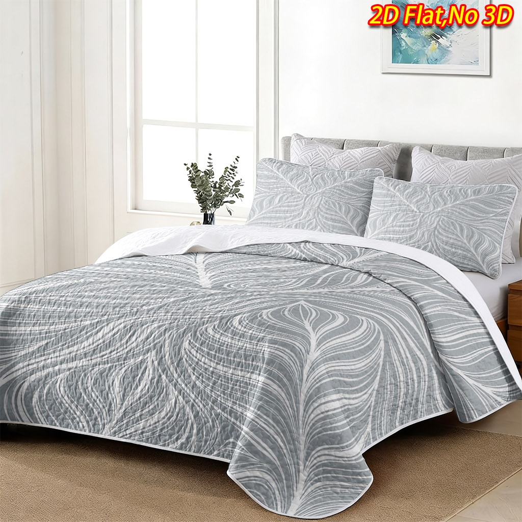 TEMU 2pcs/3pcs Modern Minimalist Bedspread & Pillowcase Suitable For Bed Cover - Elegant Gray White Linear Abstract Leaf Bedding, Quilt Cover With