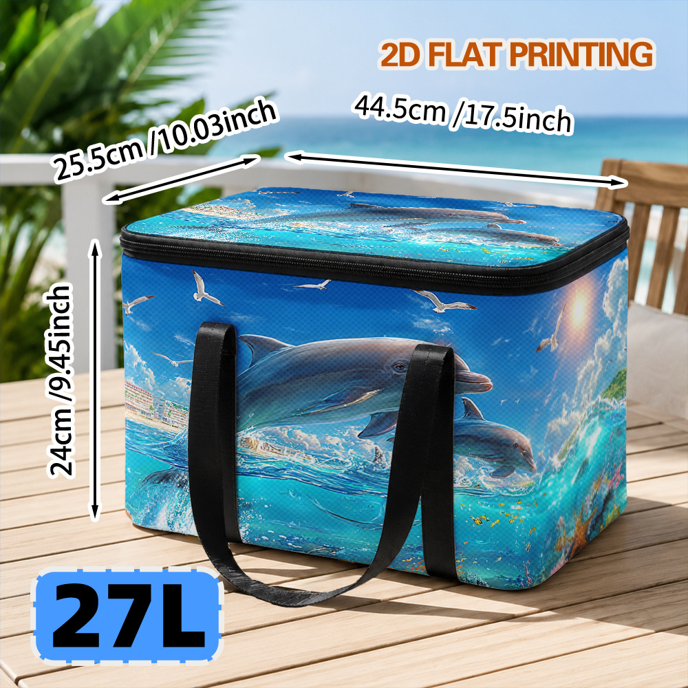 TEMU 2d Flat, 1pc Ocean Jumping Printed Insulated Lunch Bag, 27l Reusable Insulated Cooler Bag, Stylish And Reusable For Shopping And Daily Use,