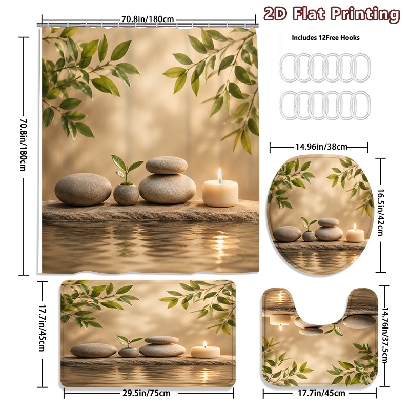 4pcs Relaxing Spa Stones Shower Curtain Set with Bath Mat