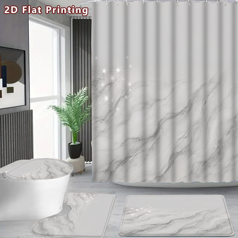TEMU 2d Flat, 4pcs Modern Marble Shower Curtain & Bath Mat Set With Toilet Cover - Grey Marble With Sparkles Suitable For Bathrooms, U-shaped, Hooks