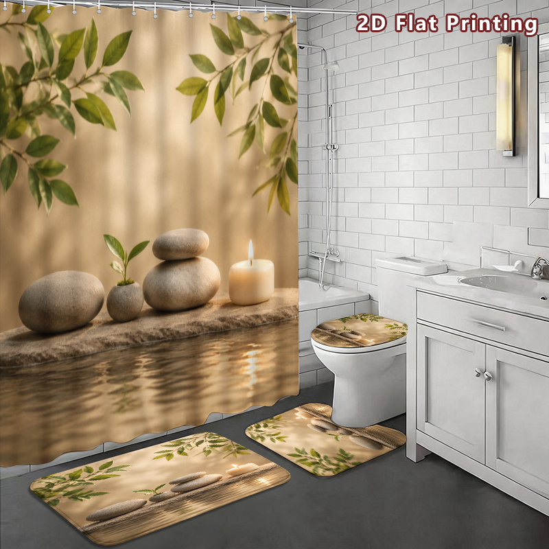 4pcs Relaxing Spa Stones Shower Curtain Set with Bath Mat