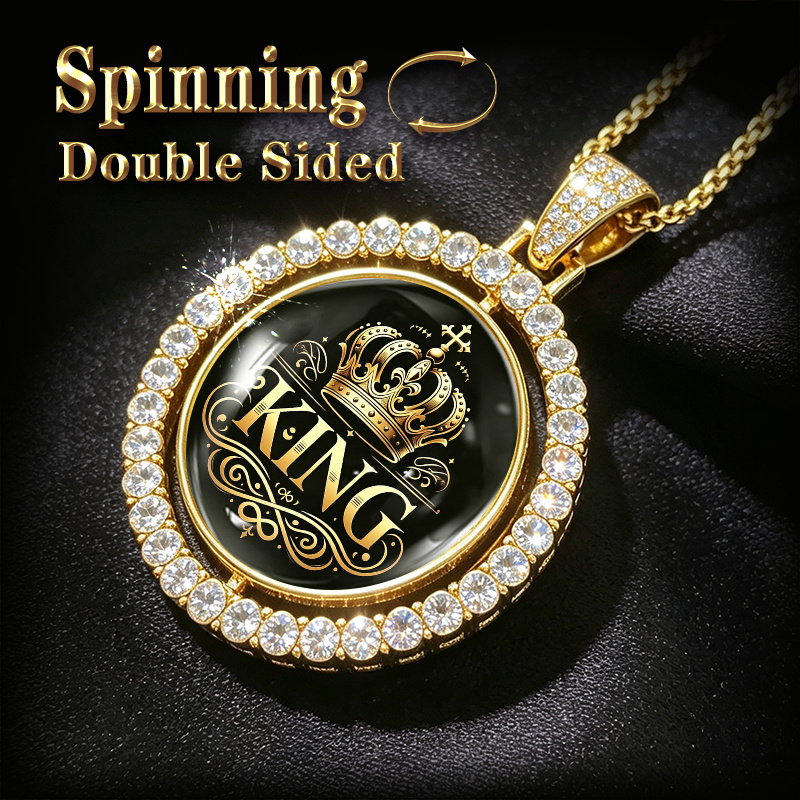TEMU With 'king' In Ornate Golden Lettering Spinning Pendant Necklace, Double Sided Printed, 316l Stainless Steel Chain, Golden Silvery 2 Colors, Hip