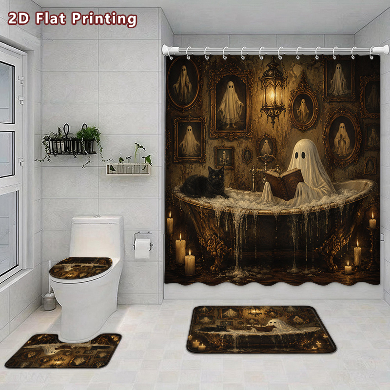 TEMU 2d Flat, 2d Flat 4pcs Gothic Reading Ghost Shower Curtain Set, Vintage Haunted Bath With Black Cat And Golden Frames Bathroom Decor, Additions