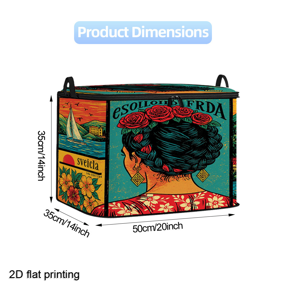 TEMU Conteneur de rangement imprimé à plat 2D avec couvercle, motif floral de paysage FRDA, bac de rangement empilable pour vêtements de chambre,