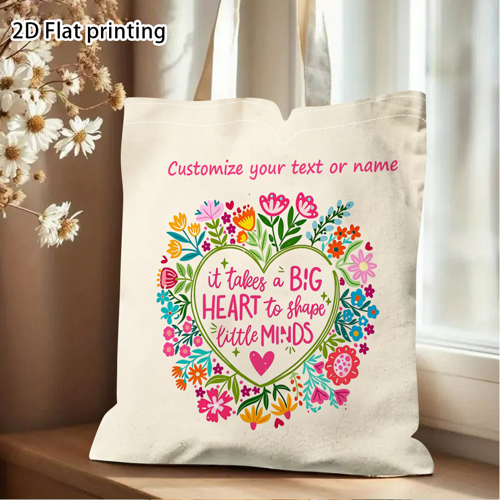 TEMU 1pc Personalized Teacher Tote Bag With Name/text - Double-sided "it Takes A Big Heart To Shape " Design, Floral Heart Suitable For Women,