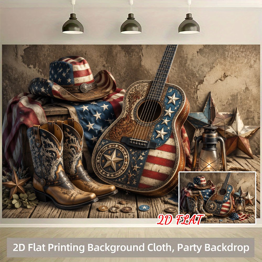TEMU 2d Flat, 1pc Western-themed American Flag Cowboy Banner With Guitar & Boots - Durable Suitable For Themed Parties, Photo Booth Decorations,