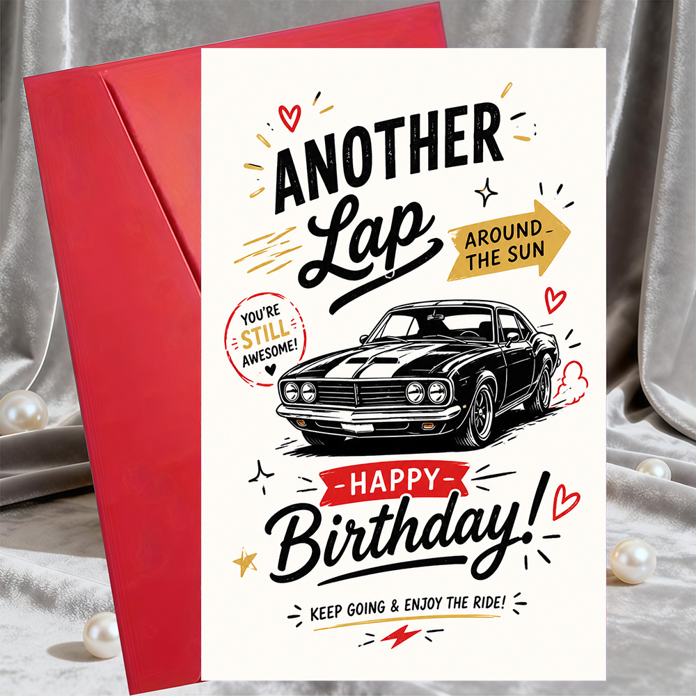 TEMU 1 Greeting Card + 1 Envelopevintage Muscle Car Birthday Greeting Card For Men Classic Sports Flat Note Card For Husband Boyfriend Or Friend