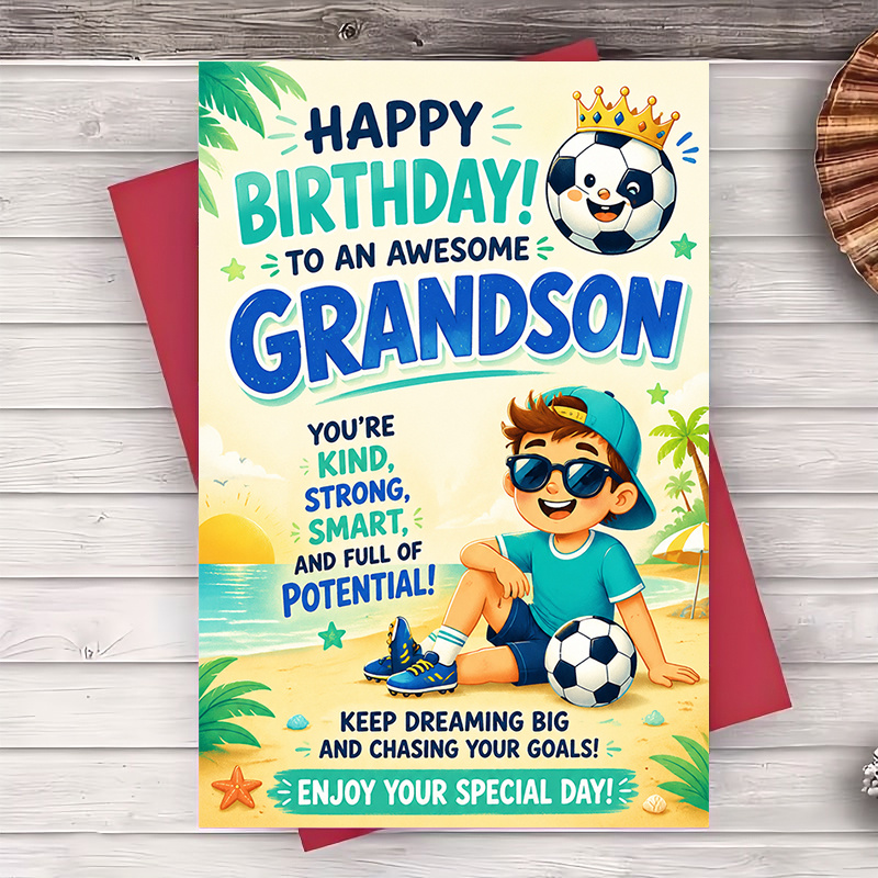 TEMU 1 Envelope And 1 Funny Greeting Card Happy Birthday Greeting Card For Grandson Soccer Theme Sports Lover Birthday Gift For Grandson Beach Party