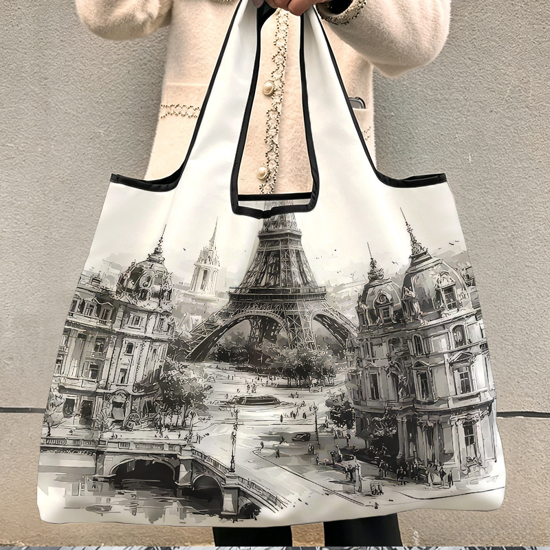 TEMU Foldable Reusable Shopping Bag 1pc, Drawing Eiff Tower Paris Pattern, Large Portable Tote For Grocery