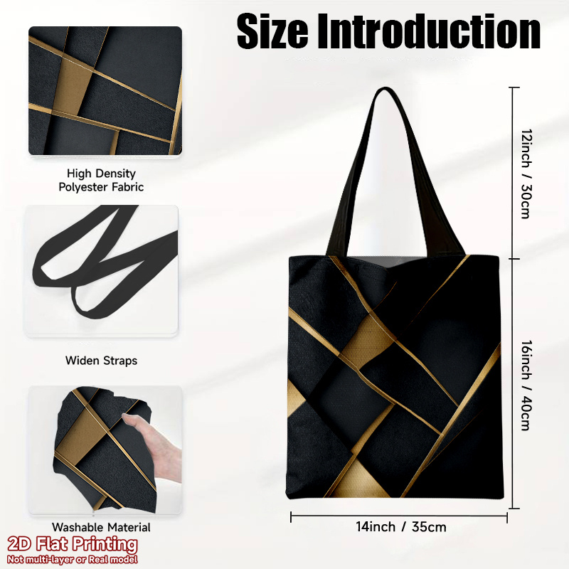 TEMU 1 pièce Sac élégant à motif géométrique noir et doré, sac à bandoulière léger et pliable de grande capacité, tissu polyester de qualité