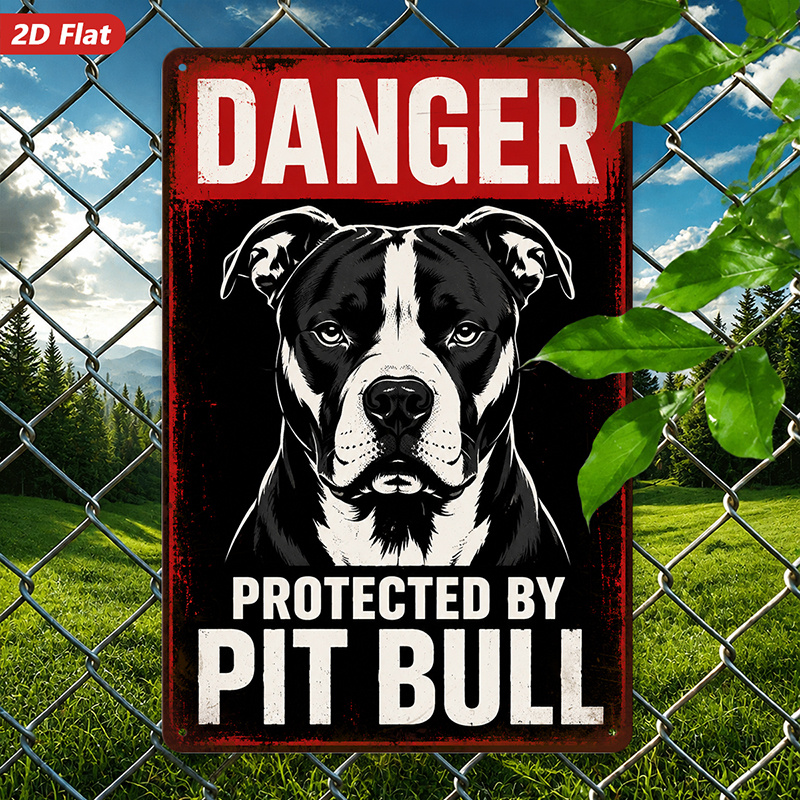TEMU 2d Flat, 1pc Warning Metal Sign Wall Art, Warning Text, Pit Bull Portrait, Home Decor, Black White Red Palette, Suitable For Living Room , Safe