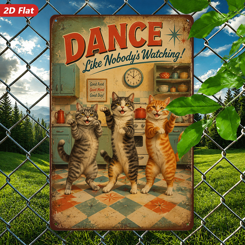 TEMU 2d Flat, 1pc Retro Dancing Cats Metal Sign Wall Art, Dance Like Watching, Vintage Kitchen Scene, Orange And Gray , Decor Style, Animal Theme,