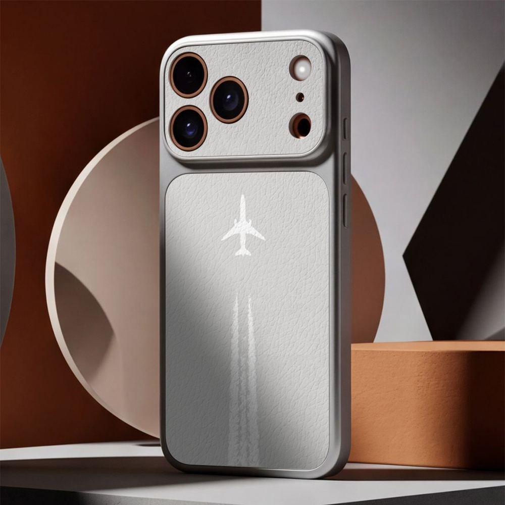 TEMU Phone Case: Aircraft Silhouette And Contrail New High-end + Synthetic Leather Phone Case Compatible With Iphone 17 Pro Max, 16 Pro Max, 15, 14,