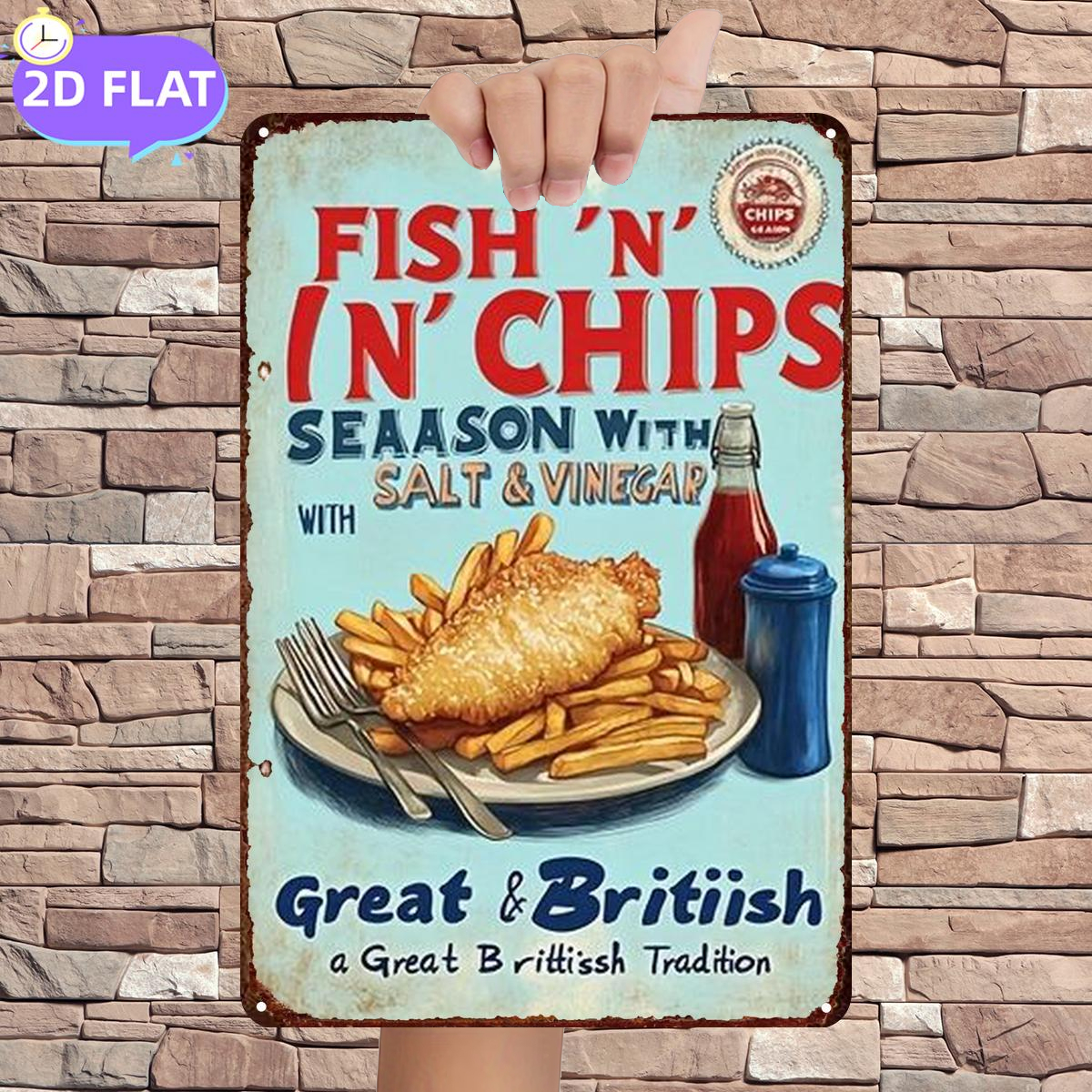 TEMU 2d Flat, Two-dimensional Plane, 2d, 1pc 2d , : Traditional British Cuisine With Salt And Vinegar, Wooden Plaque, Decorative Art For