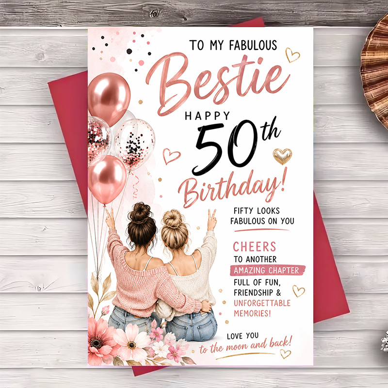 TEMU 1 Envelope And 1 Funny Greeting Card Happy 50th Birthday Greeting Card For Best Friend Rose Golden Balloons Design Elegant Gift For Women