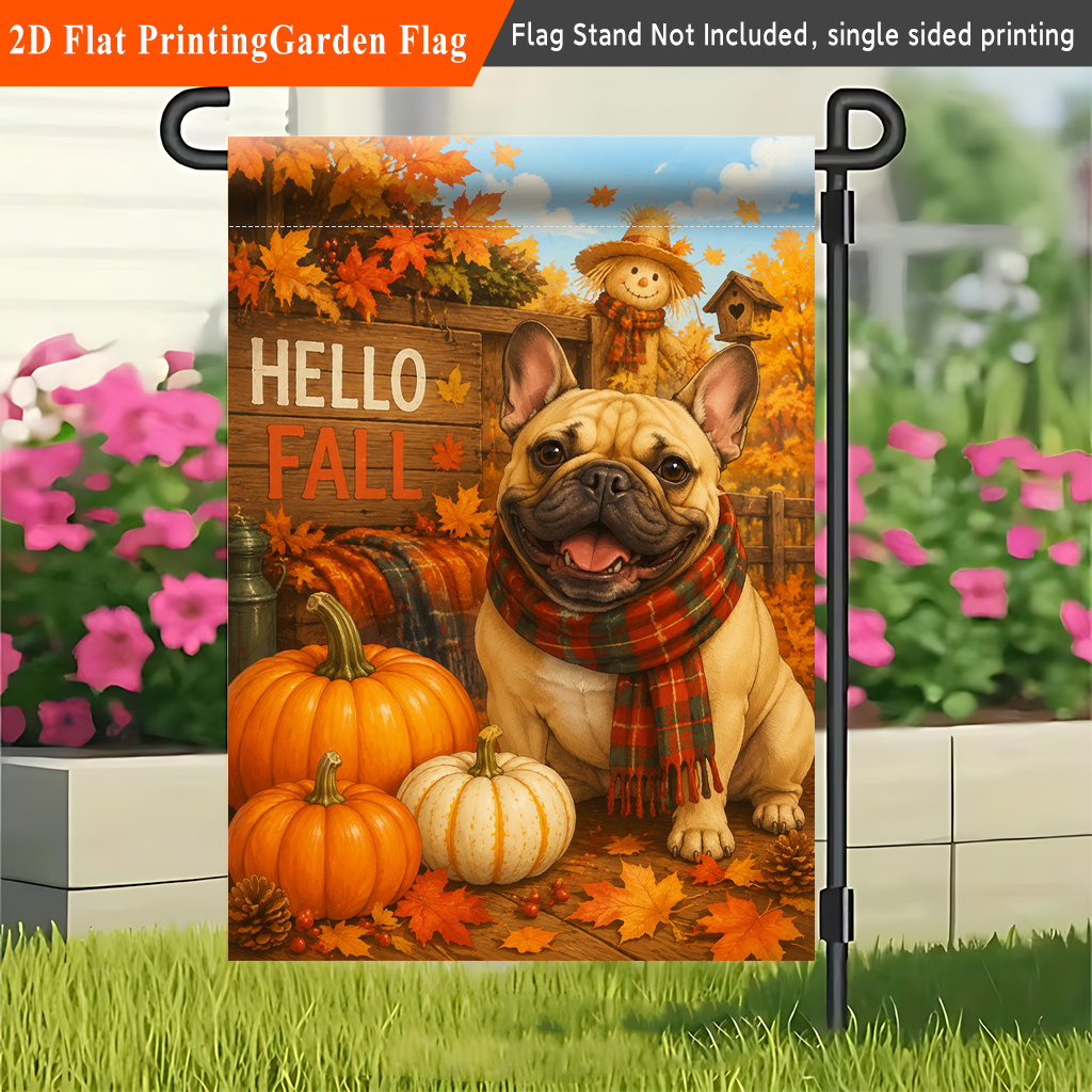 TEMU 2d Flat - 2d Flat 1pc, French Bulldog Autumn Smile, Single-sided Printed Flag, Porch Decoration, Suitable For Garden And Yard Decoration, Autumn