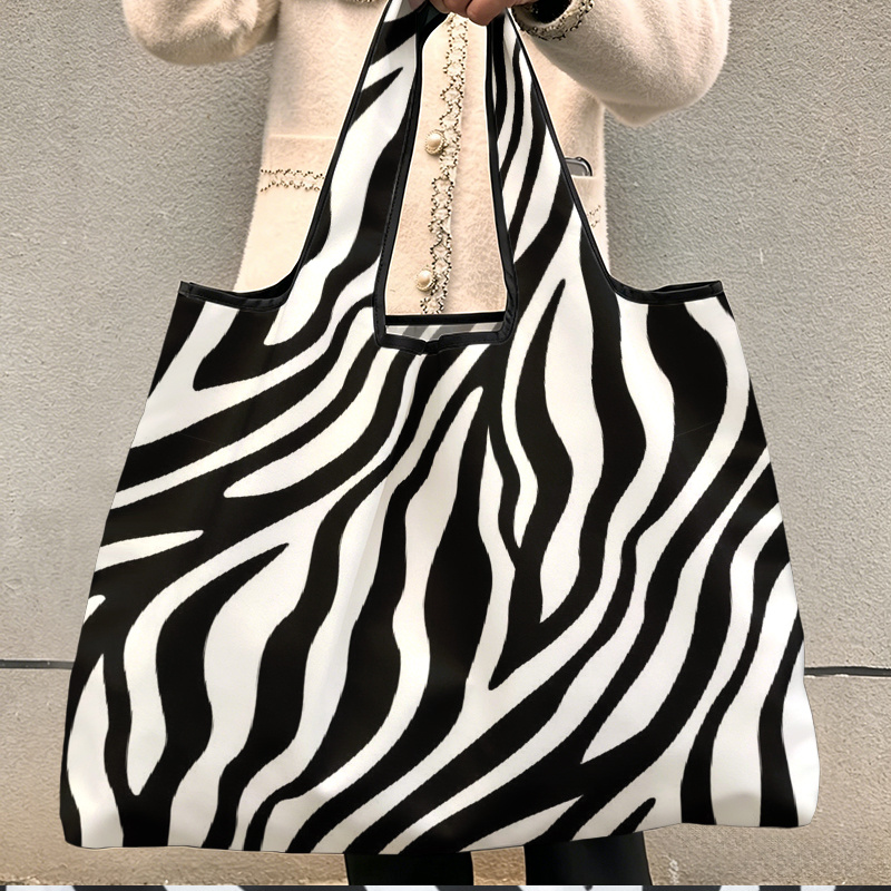 TEMU Foldable Reusable Shopping Bag 1pc, Black And White Zebra Print Pattern, Large Portable Tote For Grocery