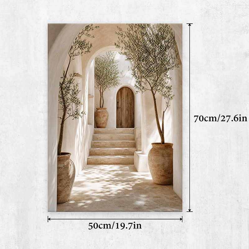TEMU 2d Flat, 2d Flat 2d/flat, 1pc Wooden Framed Canvas Poster, Mediterranean Style, Archway Design, Olive Trees Pattern, Rustic Vase Decor, Home