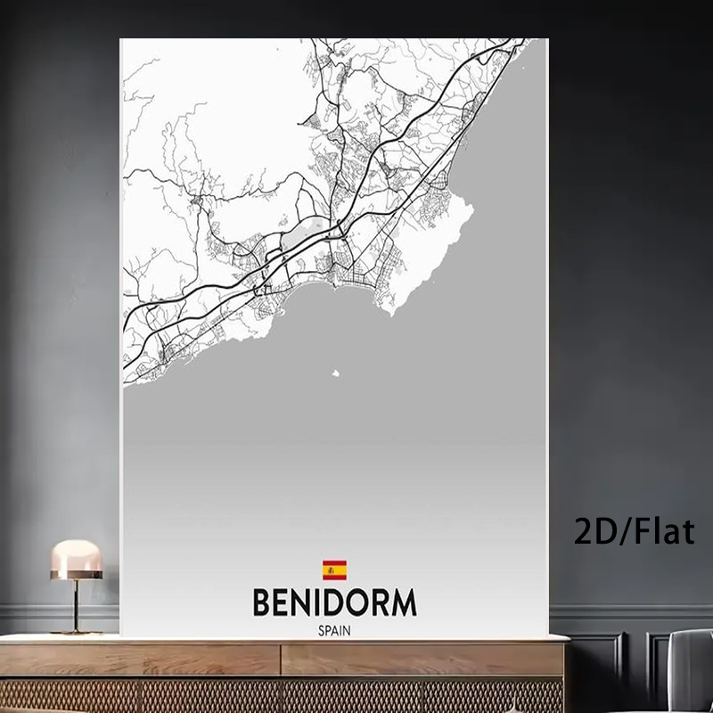Póster 2D plano de mapa de la ciudad de Benidorm ES en blanco y , impresiones artísticas en lienzo, decoraciones rústicas de granja para sala de estar y baño, arte de pared en lienzo estampado sin marco con patrón, regalos de lienzo impreso, para dormitorio, oficina, sala de estar, cafetería