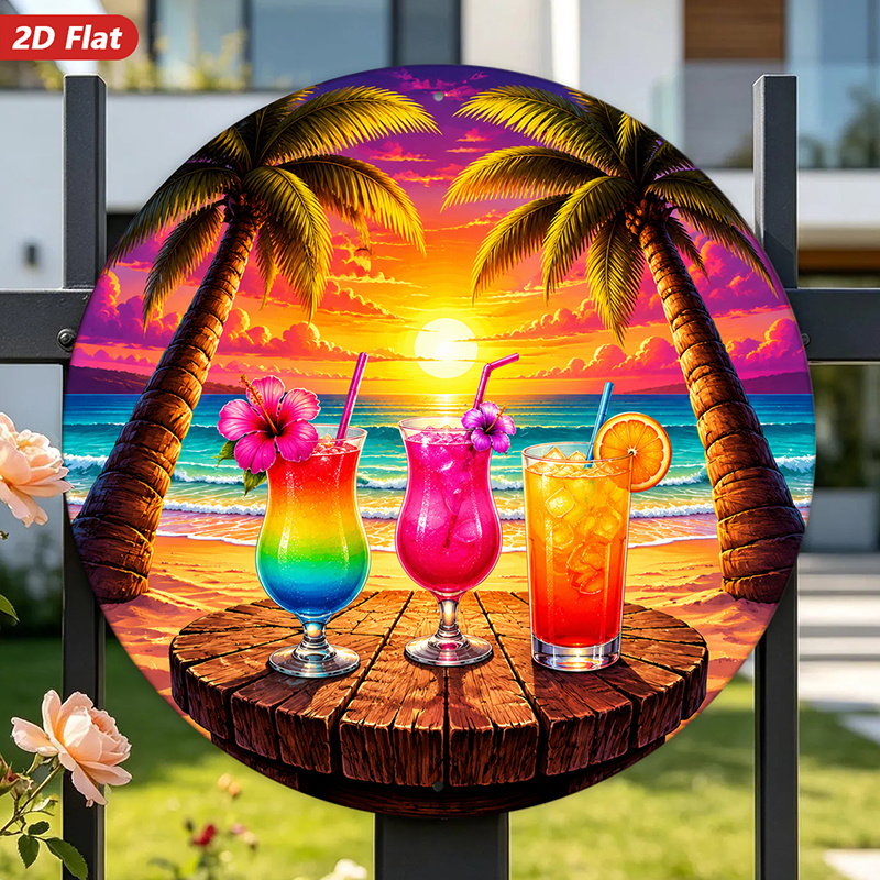 TEMU Panneau mural rond en métal plat 2D, 1 pièce, motif plage au coucher , , décoration intérieure, cocktails , palmiers, ambiance rétro, idéal pour