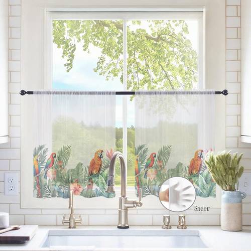 item picture 2pcs 2pcs retro semi sheer curtains suitable for bathroom tropical parrot palm window panels with hem print rod for room bedroom fabric no rewiring