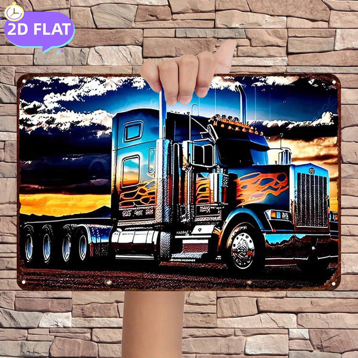 TEMU 2d Flat 1pc, A Semi-truck At Sunset, Metal Iron Sign, Size(8"x12"/20cm*30cm) Decorative Paintings/room/restaurant/bar/door/garage Decor