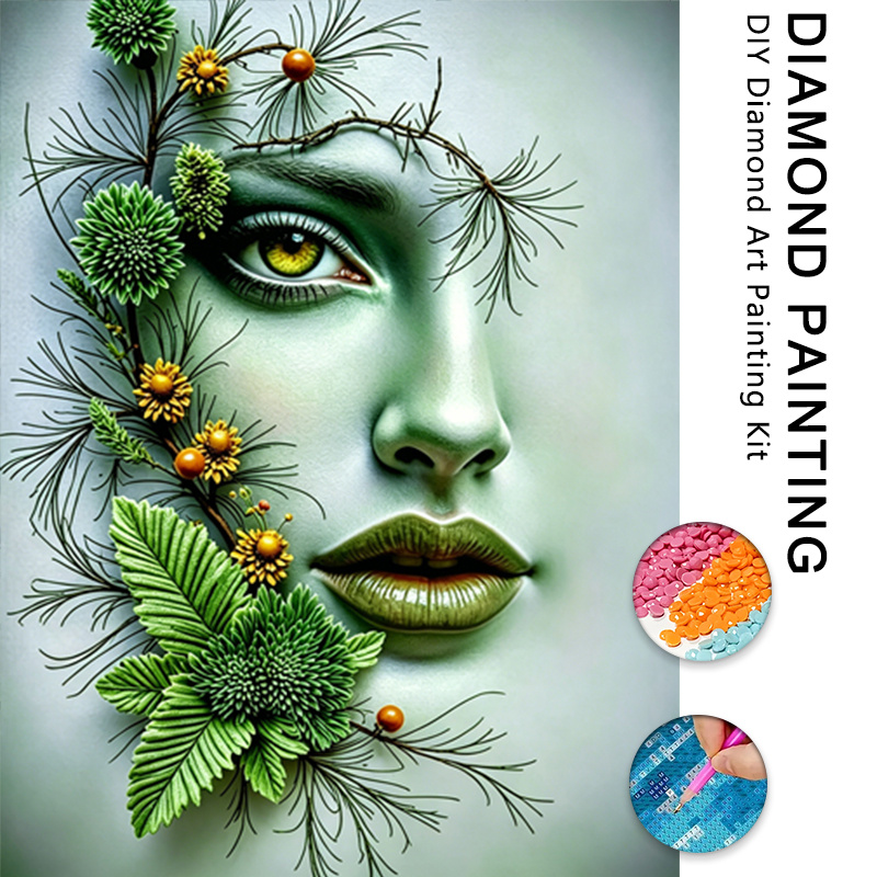 TEMU 1 Set Kit de Peinture Diamant 5D Visage Latéral Plante Verte, Adulte Kit de Peinture Diamant 5D, Convient aux Adultes et Débutants Relaxation