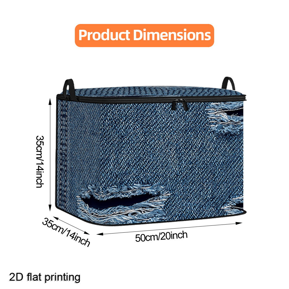 TEMU 2d Flat Printing Blue Jeans Ripped Holes Print Collapsible Storage Bin With Lid, Versatile Organizer Box For Bedroom Clothing Storage, Home