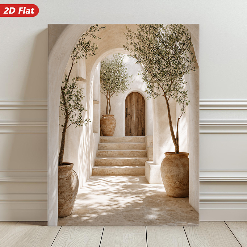 TEMU 2d Flat, 2d Flat, 1pc, 2d/flat, Wooden Framed Canvas Poster, Mediterranean Style, Archway Design, Olive Trees Pattern, Rustic Vase Decor, Home