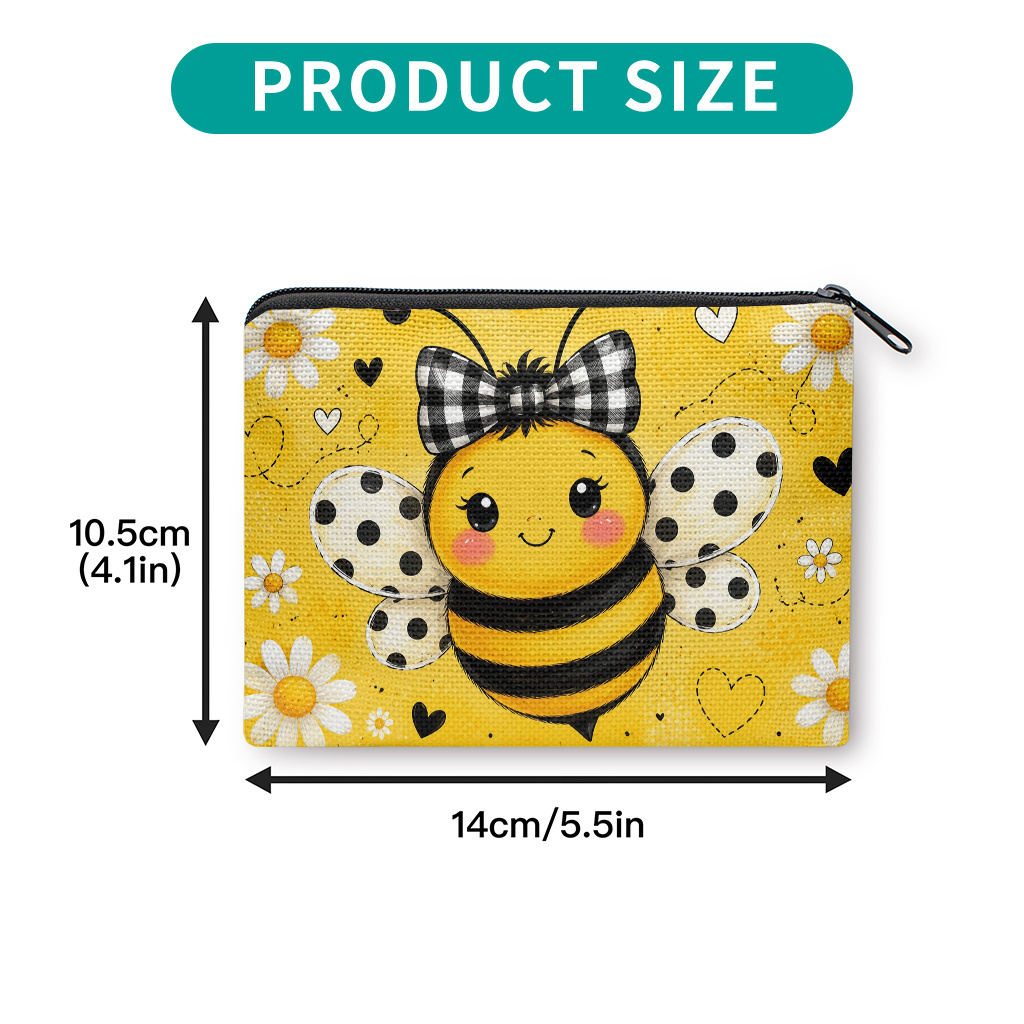 TEMU Coin Purse 1pc, Adorable Bee With Bow Double-sided Printing Coin Purse, Zipper Closure, Small Portable Key Earphone Storage Bag, Multifunctional