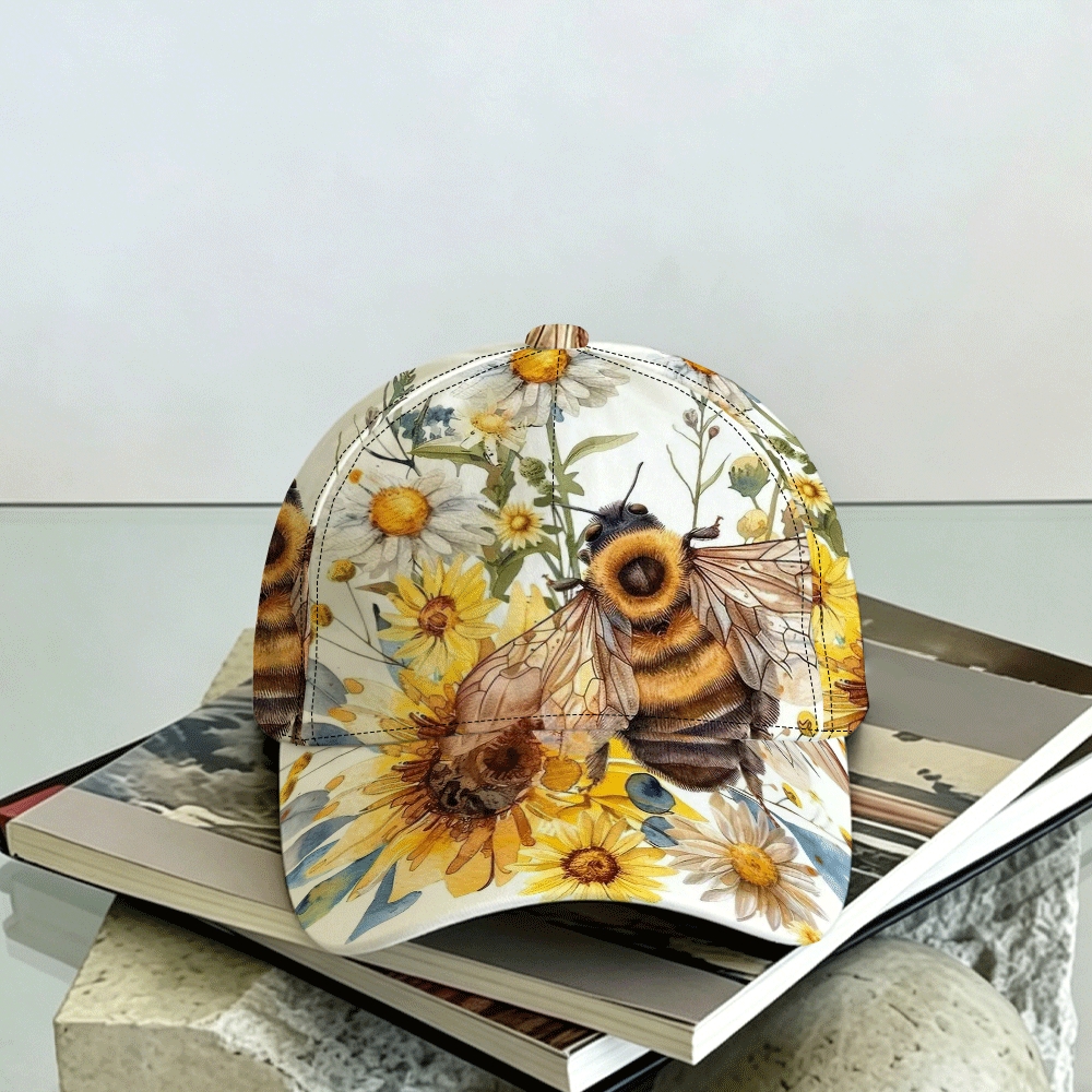 TEMU 1pc, Watercolor Style Bee And 2d Flat Pattern Baseball , Fashionable Trendy All-match Sun Hat, , Lightweight, Breathable, 100% Polyester,