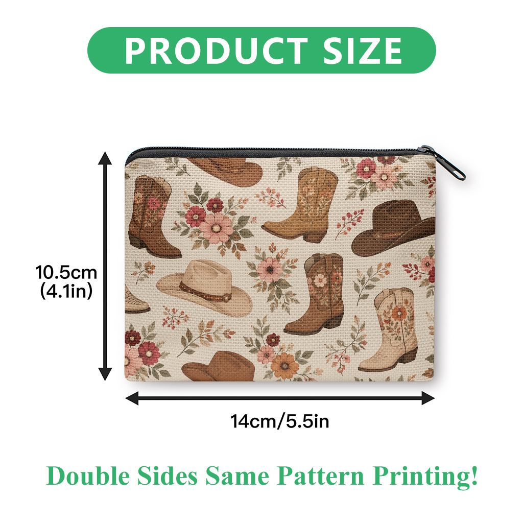 TEMU Western Cowboy Boots & Hats Coin Purse Suitable For Ladies, Mini Zipper Wallet With Floral Double-sided Print, Compact Storage Bag For , Keys,