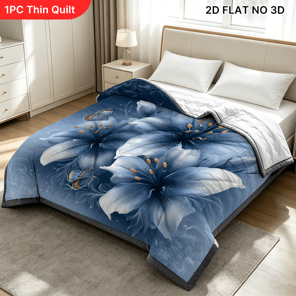 TEMU 1pc Cooling Summer Quilt Suitable For Single/double Beds - Quilted Bedspread With Butterflies & Blue Lilies Design, Icy Thin Comforter, Machine