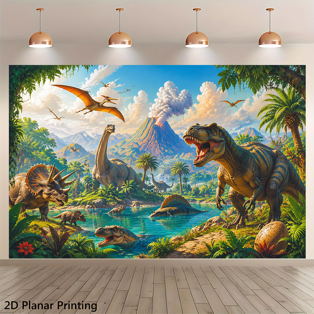 TEMU 2d Flat, 1pc Dinosaur Wall Banner - Prehistoric Jungle Backdrop With Decor Suitable For Rooms, Parties, Photo Backgrounds | & Stick Tape-free