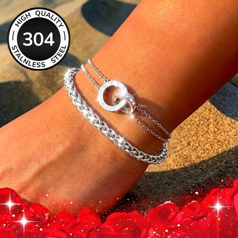 TEMU 2pcs Thick Chain Bracelet Set, 304 Stainless Steel Roman Ring Zirconia Bracelet And Braided Twisted Chain Bangle, Waterproof Stackable Ornament