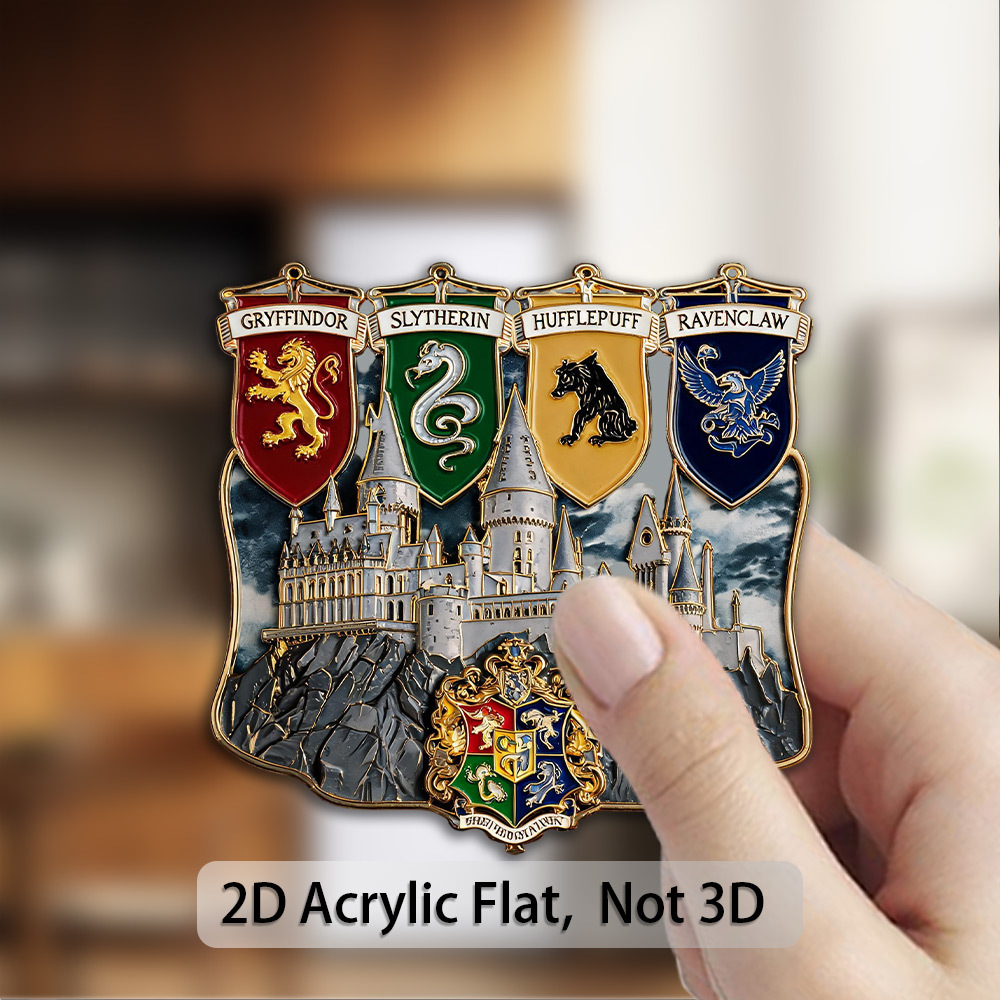 TEMU 1pc Flat 2d Licensed Fridge Magnet, Harry Potter Theme Embossed, Showcasing 4 Houses' Crests, Hogwarts Castle And School Badge. Suitable For