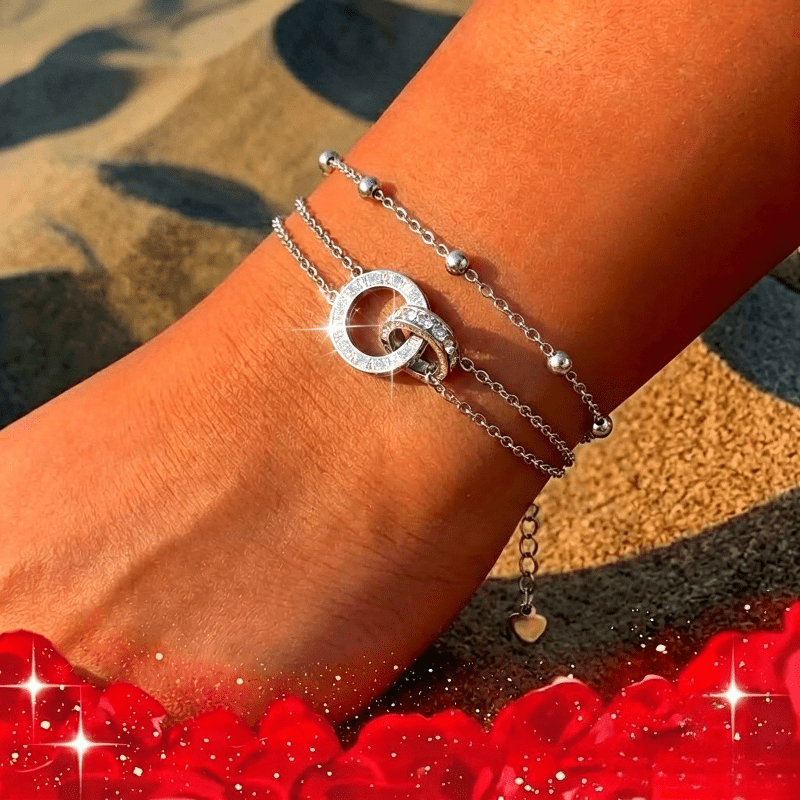 2pcs Unisex Stackable Bracelet Set, 304 Stainless Steel & Zirconia