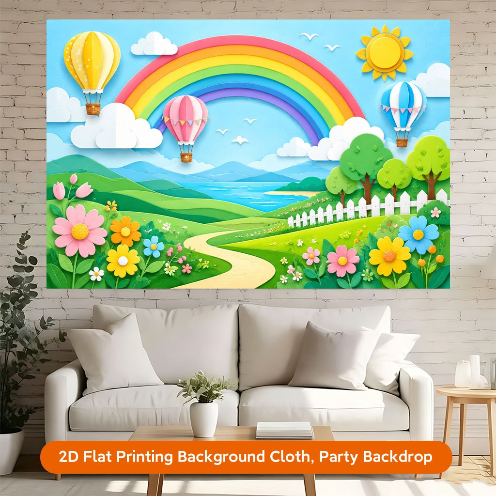 Hot Air Balloons Over Landscape Background Cloth Banner