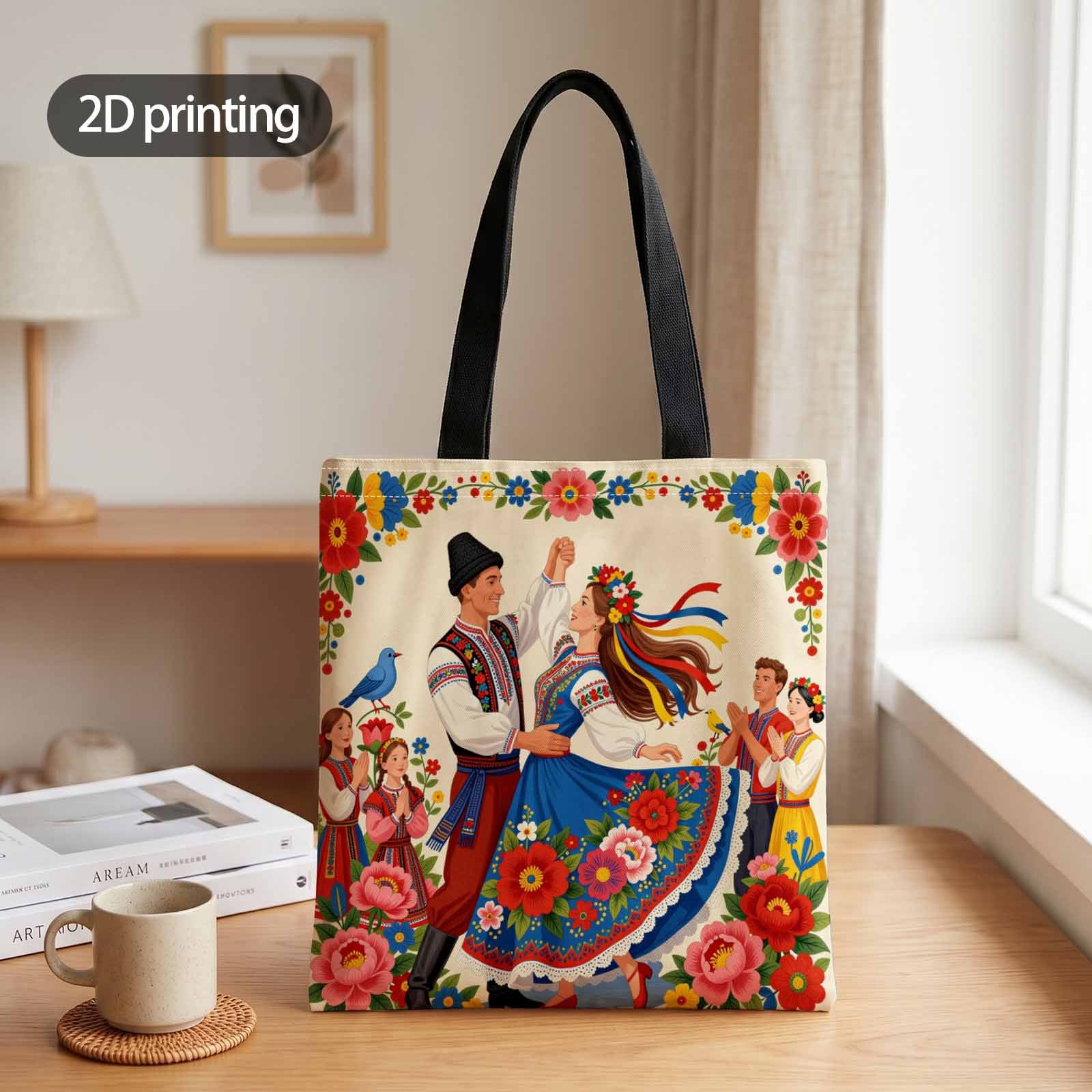TEMU Sac à main imprimé 2D plat, motif de danse folk idéal pour les festivals culturels, de voyage ou l'utilisation quotidienne avec des accents