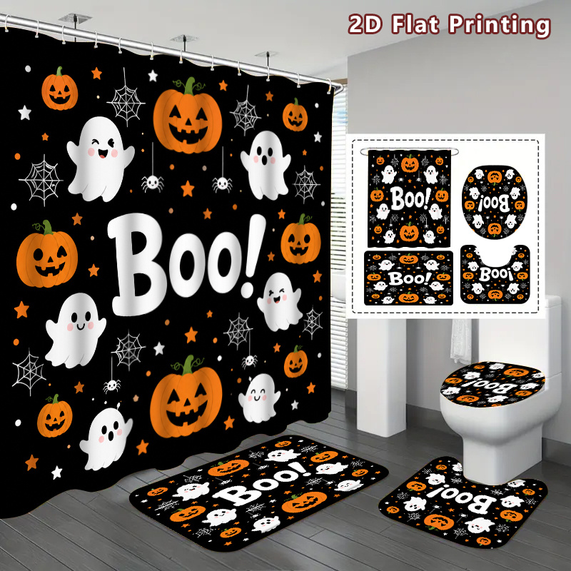TEMU Plat 2D, 4 pièces Rideau de Douche et Tapis de Bain d'Halloween - Décoration de Salle de Bain avec Crochets, Rideau Noir avec Citrouille Blanche