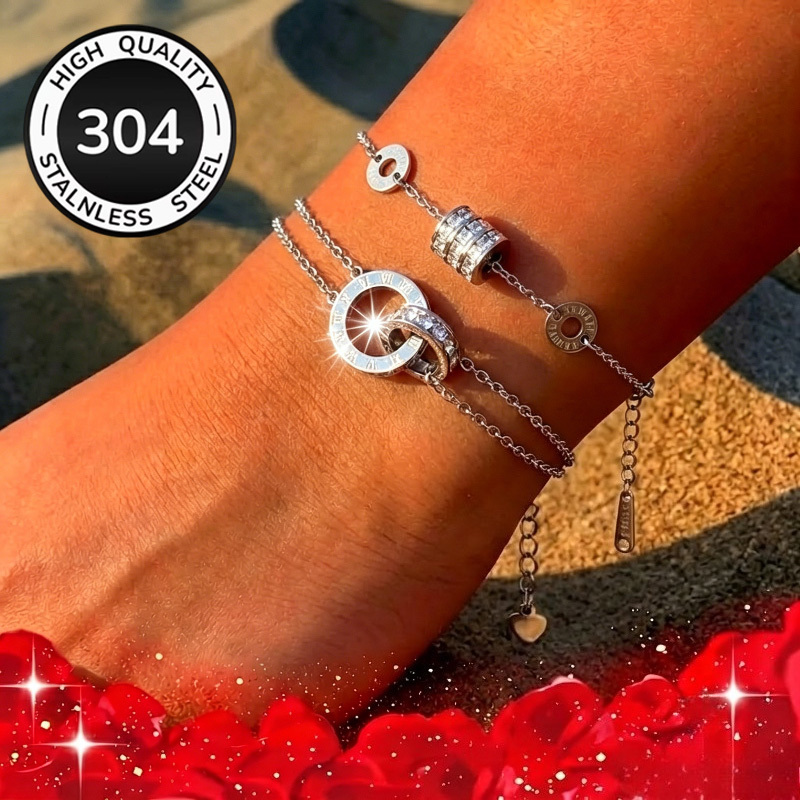 TEMU Ensemble de 2 bracelets pour couple, bracelet en acier inoxydable 304 avec chiffres romains, anneau imbriqué, chaîne de poignet en et bracelet