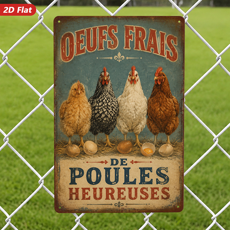TEMU Panneau mural 2D plat, 1 pièce, en métal, style ferme, peinture décorative, motif poules, français « Œufs » et « Poules Heureuses », décoration