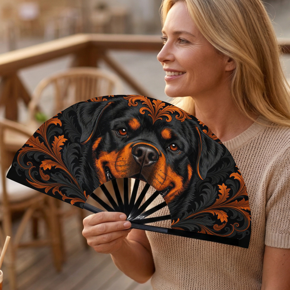 TEMU A Women's Folding Hand Fan Featuring A Rottweiler Dog Head And Floral Leaf Pattern. A Stylish Folding Fan, Fu Fan Accessory, With A Lightweight