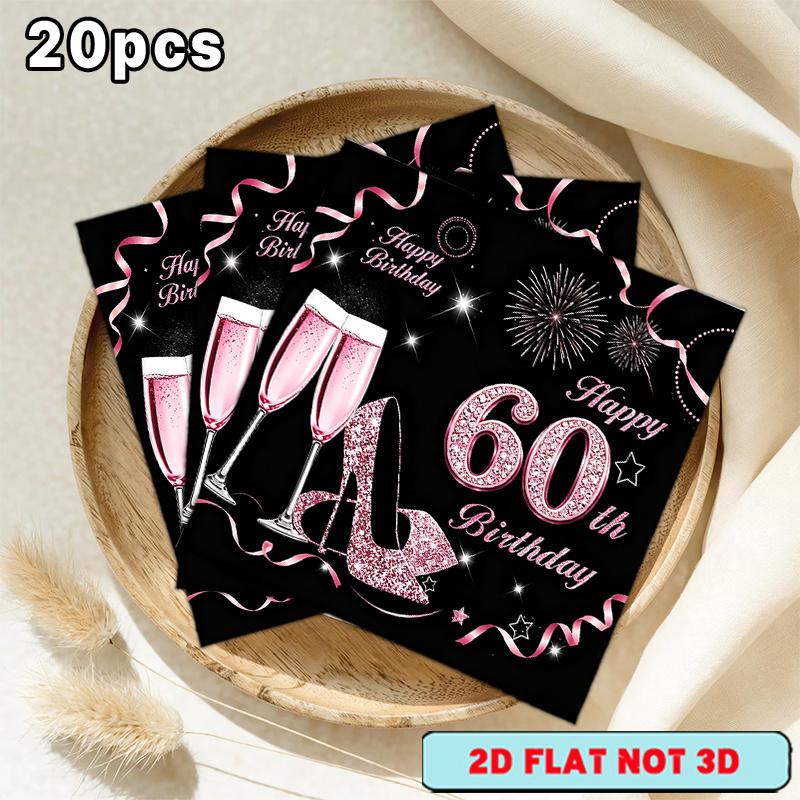 TEMU [2d Flat] 20pcs Shimmering Pink Golden 60th Birthday Banner Theme Disposable Napkins, Party Table Essential, 2-layer Pack, Suitable For Festive